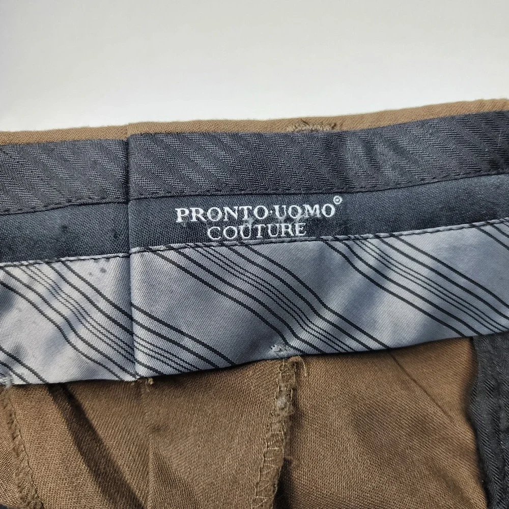 Pronto Uomo Couture Dress Pants Mens 40 Brown 100% Wool Flat‎ Front Trousers